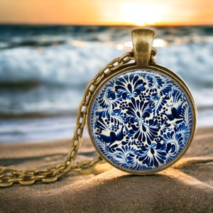 Blue Mexican Pottery Jewelry - Blue and White Pendant Necklace - Mexican Jewelry - Blue Jewelry - Floral Design - Something Blue