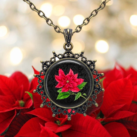 POINSETTIA Pendant Necklace Christmas Flower Gardener Gifts Love