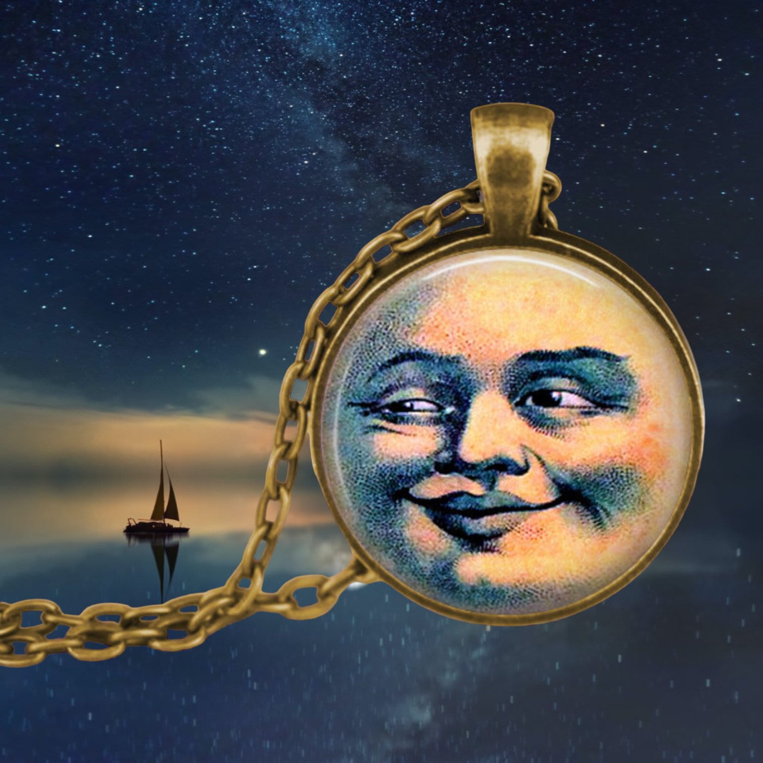 Smiling Moon Pendant: Vintage Celestial Jewelry, Astronomy Gift - Etsy