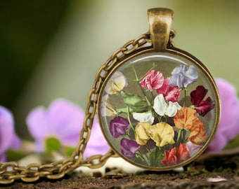Sweet Pea Pendant Necklace: Vintage Seed Packet Floral Jewelry