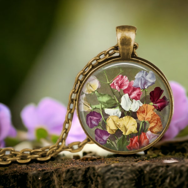 Collier pendentif pois de senteur - bijoux pois de senteur - cadeaux pour jardinier - fleur de Lathyrus odoratus - art en paquet de graines - bijoux floraux vintage