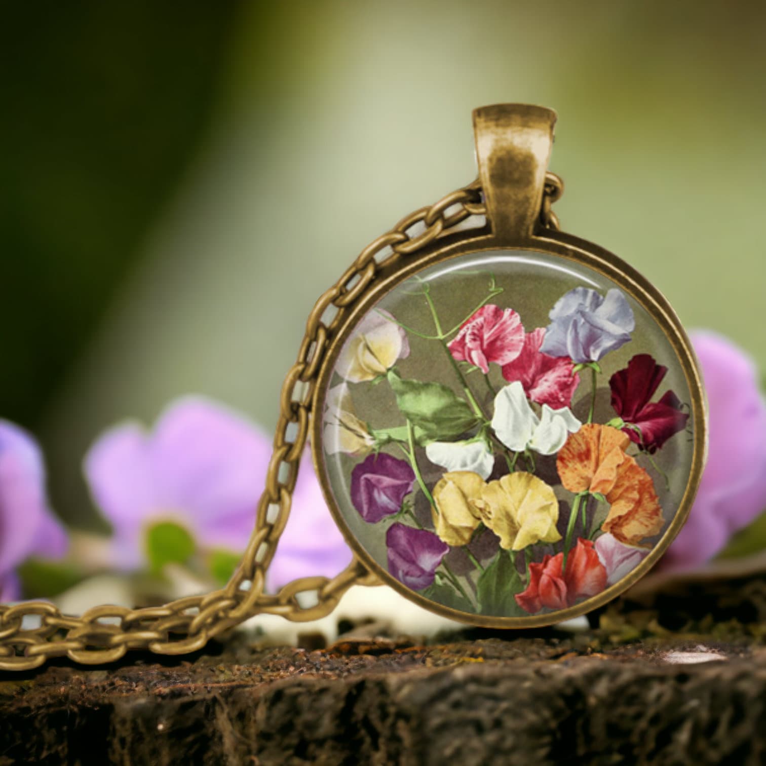 SWEET PEA Pendant Necklace Sweet Pea Jewelry Gifts for Gardener Lathyrus odoratus flower Seed Packet Art Vintage Floral Jewelry