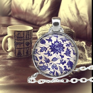 Floral Pendant Necklace - Blue and White Floral Jewelry - Blue & White Flower Pendant - Victorian Style Jewelry