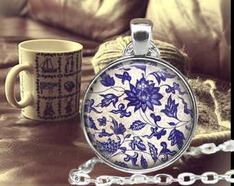 Floral Pendant Necklace - Blue and White Floral Jewelry - Blue & White Flower Pendant - Victorian Style Jewelry