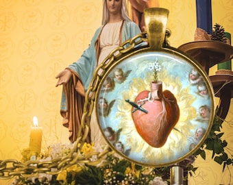 Sacré-Cœur de Marie - Cadeau du clergé - Art religieux mexicain - Pendentif catholique - Pendentif Sacré-Cœur - Collier Corazon de Maria