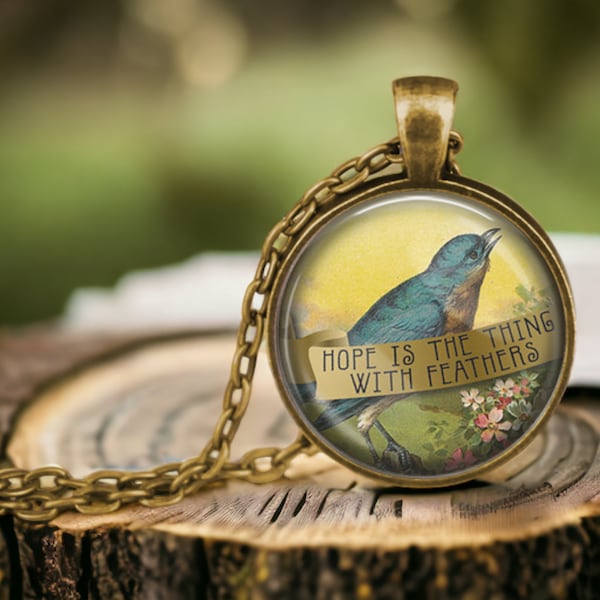 Poem Quote Necklace - Emily Dickinson Quote - Hope is the Thing with Feathers - Dickinson Quote - Poetry Jewelry - Poem Necklace - Bird