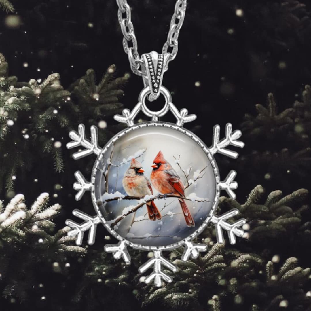 Cardinal Couple Snowflake Necklace Snowbird Wildlife Winter Jewelry Red Cardinal Jewelry Bird