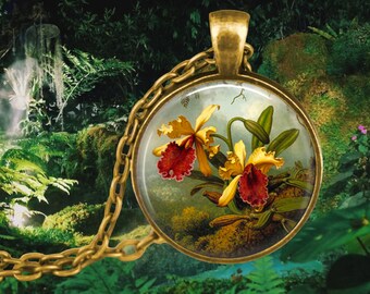 Yellow Orchids Necklace - Botanical Jewelry - Flower - Robert Thornton Illustration - Orchid Lover Gift - Orchid Necklace - Temple of Flora