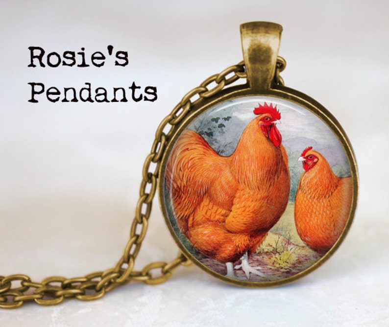Chicken Necklace ~ Buff Orpington Rooster and Hen Farmhouse Necklace Chicken Necklace Vintage Poultry Lithograph Chicken Pendant