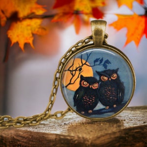 Collier avec pendentif hibou amoureux - bijoux hibou - hibou vintage - cadeaux d'halloween - cartes postales anciennes - cadeaux pour elle - hiboux mignons