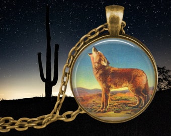 Howling Coyote Leinen Postkarte Anhänger Halskette - Wüste Schmuck - Coyote Halskette - Amerika West Schmuck - Coyote Anhänger - Western Clothing