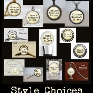 May include: A collection of silver and bronze jewelry and accessories, including necklaces, key rings, wine stoppers, brooches, bracelets, hair pins, money clips, and bookmarks. The items are all decorated with a vintage-style design and feature the words "Classic Necklace", "Vintage Necklace", "Key Ring", "Wine Stopper", "Brooch", "Bracelet", "Hair Pin", "Money Clip", and "Bookmark".