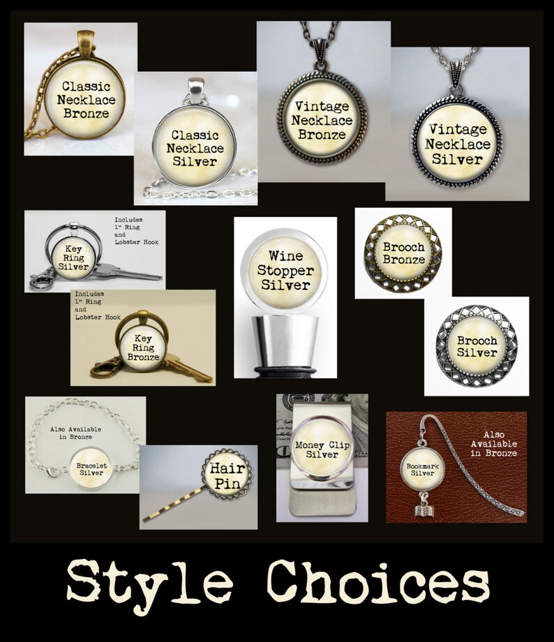 May include: A collection of silver and bronze jewelry and accessories, including necklaces, key rings, wine stoppers, brooches, bracelets, hair pins, money clips, and bookmarks. The items are all decorated with a vintage-style design and feature the words "Classic Necklace", "Vintage Necklace", "Key Ring", "Wine Stopper", "Brooch", "Bracelet", "Hair Pin", "Money Clip", and "Bookmark".