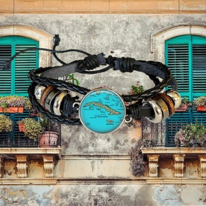 Bracelet en cuir avec carte de Cuba - Bijoux bohèmes - Cadeaux de voyage - Cadeaux pour lui - Cadeaux de la Jamaïque - Carte vintage des Caraïbes - La Havane