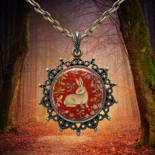 RABBIT Necklace - Medieval Tapestry Pendant Necklace - Book of Beasts - Bunny Rabbit Lover Gifts - Renaissance Jewelry - Wildlife Jewelry