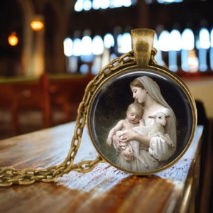 Virgin Mary Blessed Mother Pendant Necklace - L&#39;Innocense - Bouguereau - Classic Art - Religious Jewelry - Christian Gifts