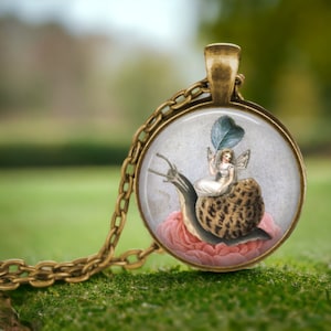 Fairy on Snail Necklace: Victorian Art Pendant, Gardener Gift