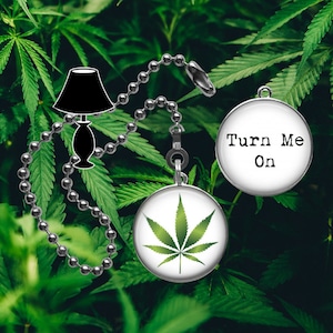 May include: A silver chain with a round pendant featuring a green marijuana leaf design. A second round pendant with the text "Turn Me On" is also included.