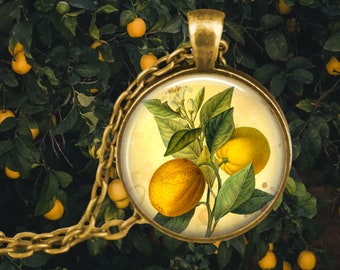 LEMONS Pendant Necklace - Gardener Gift - Fruit Necklace - Lemon Pendant - Botany Jewelry - Vintage Lemons Jewelry - Citrus Pendant