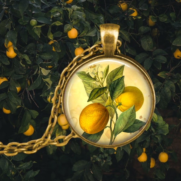 LEMONS Pendant Necklace - Gardener Gift - Fruit Necklace - Lemon Pendant - Botany Jewelry - Vintage Lemons Jewelry - Citrus Pendant