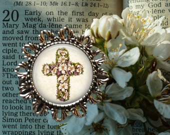 Easter Lily Cross Brooch Pin - Flower Jewelry - Lillies - Christian Jewelry - Easter Necklace - Grandmother Gift - Easter Hat Pin - Christ