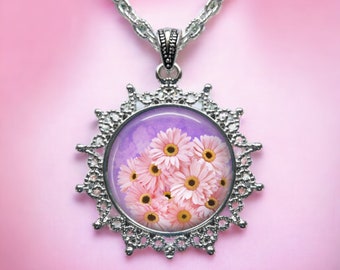 Gerbera Daisy Necklace: Pink Flower Pendant, Silver Finish