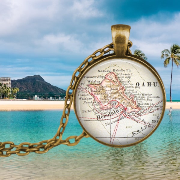 Oahu Hawaii Vintage Map Jewelry - Pendant Necklace - South Pacific - Hawaiian Islands - Map Coordinates - Honololu - Kailua - Travel Gifts