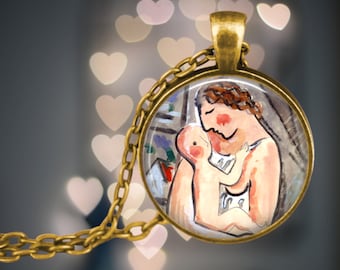 Mother and Baby Pendant - Mother's Day Gift Jewelry - Mom and Child - Mikuláš Galanda - Impressionist Art - Gift for New Mommy - From Child