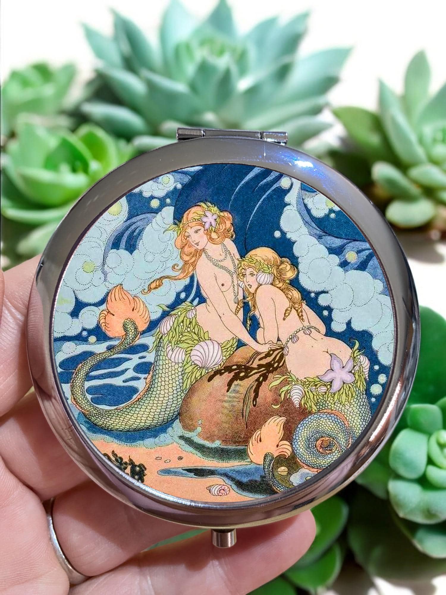 Two Mermaids Pocket Mirror: Gerda Wegener Art, Compact Makeup 