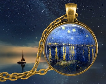 Van Gogh Starry Night Over the Rhone Pendant Necklace: Impressionism Art Jewelry