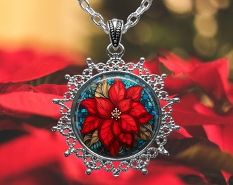 Red Poinsettia Necklace - Christmas Flower Jewelry - Poinsettia Mosaic - Christmas Gift for Women - Hostess Gifts - Mexican Red Flower