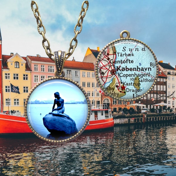 Copenhagen Little Mermaid Statue Necklace - København Vintage Map - Denmark Jewelry - Danish Landmark - Gifts for Dane - Hans Andersen