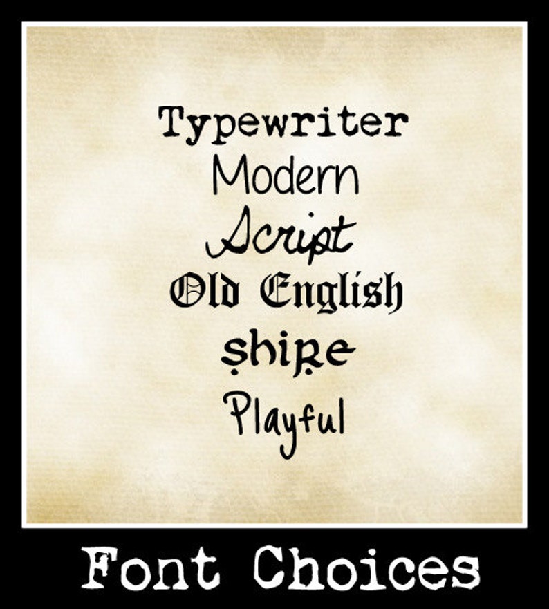 Op de afbeelding: Een vierkante grafische weergave op een perkamentkleurige achtergrond met zes verschillende zwarte letterstijlen genaamd Typewriter, Modern, Script, Old English, shire en Playful, met de tekst Font Choices in het wit onderaan de rand.