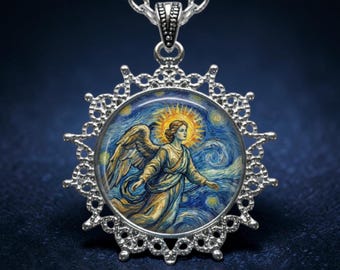 Angel Van Gogh Style Pendant Necklace: Impressionist Art Jewelry