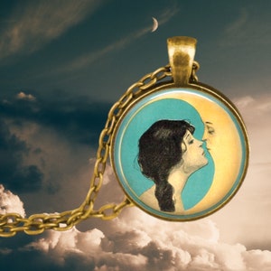 Girl Kissing the Moon - Moon Pendant Necklace - Whimsical Lover - Moon Lover Gift - Luna Necklace - Lunar Gift