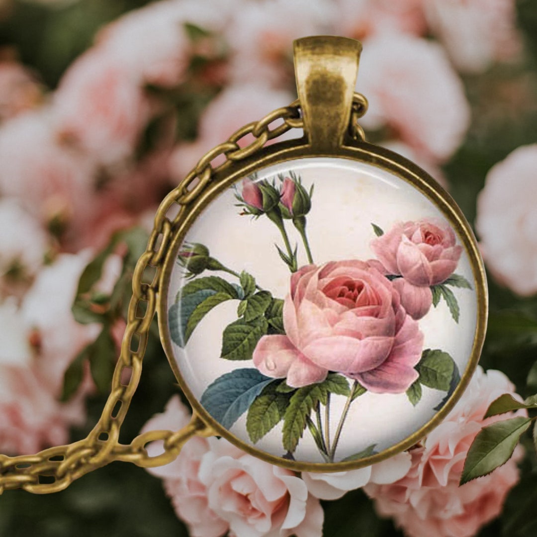 CARITA Paris 80s vintage gold pink flower pendant necklace