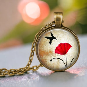Hummingbird and Red Poppy - Botanical - Botany Jewelry - Flora - Poppy Jewelry - Poppy Pendant - Poppies Jewelry - Hummingbird Pendant