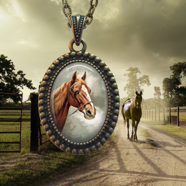 Brown Chestnut Horse Oval Pendant Necklace - Vintage Horse Necklace - Horse Lover - Equine Jewelry - Equestrian Gifts - Gifts for Her