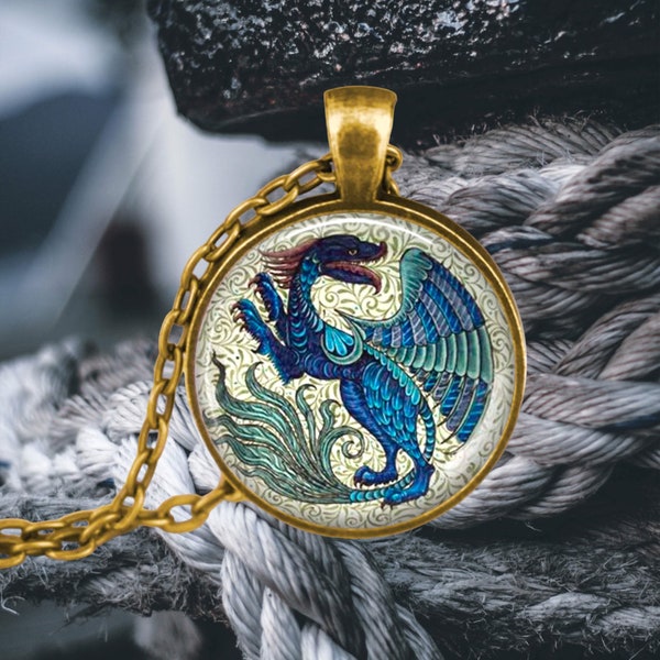 Dragon Pendant Necklace - Dragon Jewelry - Blue Dragon - Mythical Beast - Medieval Dragon