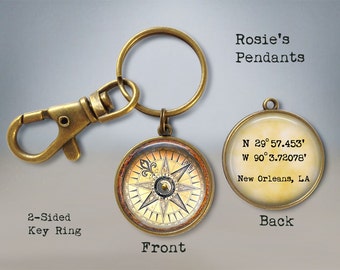 Your HOMETOWN or Special Location Longitude & Latitude Keychain - Compass Image - Geocode Gifts - Anniversary Gift - Grad Gifts