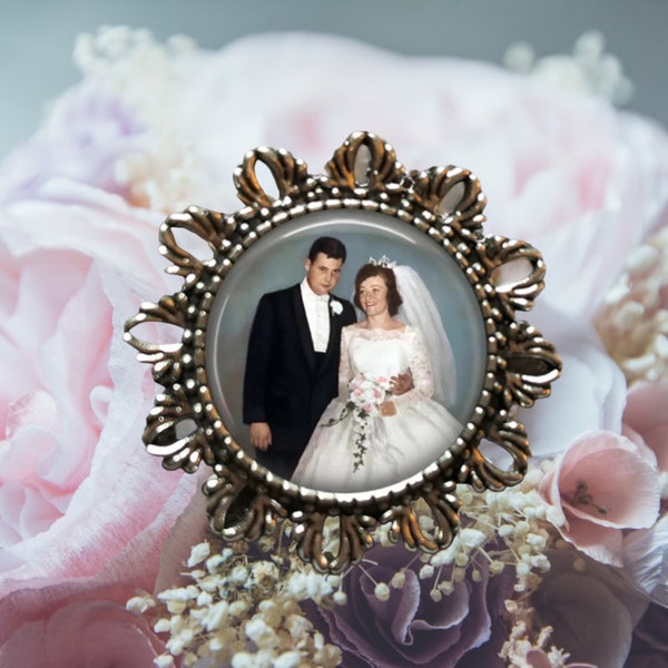 Personalized Wedding Memorial Photo Brooch: Keepsake Bridal Pin