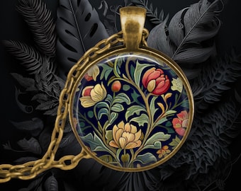William Morris Floral Pendant Necklace: Vintage Primrose Flower Jewelry