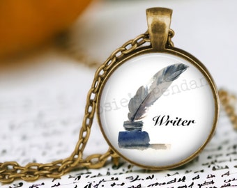 WRITER Inkwell and Feather Pen - Gift for Writer - Writer Pendant Necklace - Author - Love to Write - Writing Jewelry