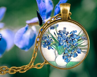 Vincent Van Gogh IRISES Pendant Necklace - Impressionism - Vintage Iris Flower - Gardening - Gardener Gifts  - Floral Gifts - Blue Iris