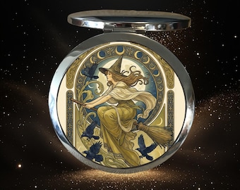 Mucha Motif  Witch on a Broom Compact Mirror: Halloween Makeup Gift, Magnifying, Silver or Bronze