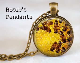 Honeycomb and Bees Jewelry - Honey Bee - Insect Jewelry - Honeycomb Pendant - Beehive - Honey Pendant - Honeycomb Necklace - Naturist