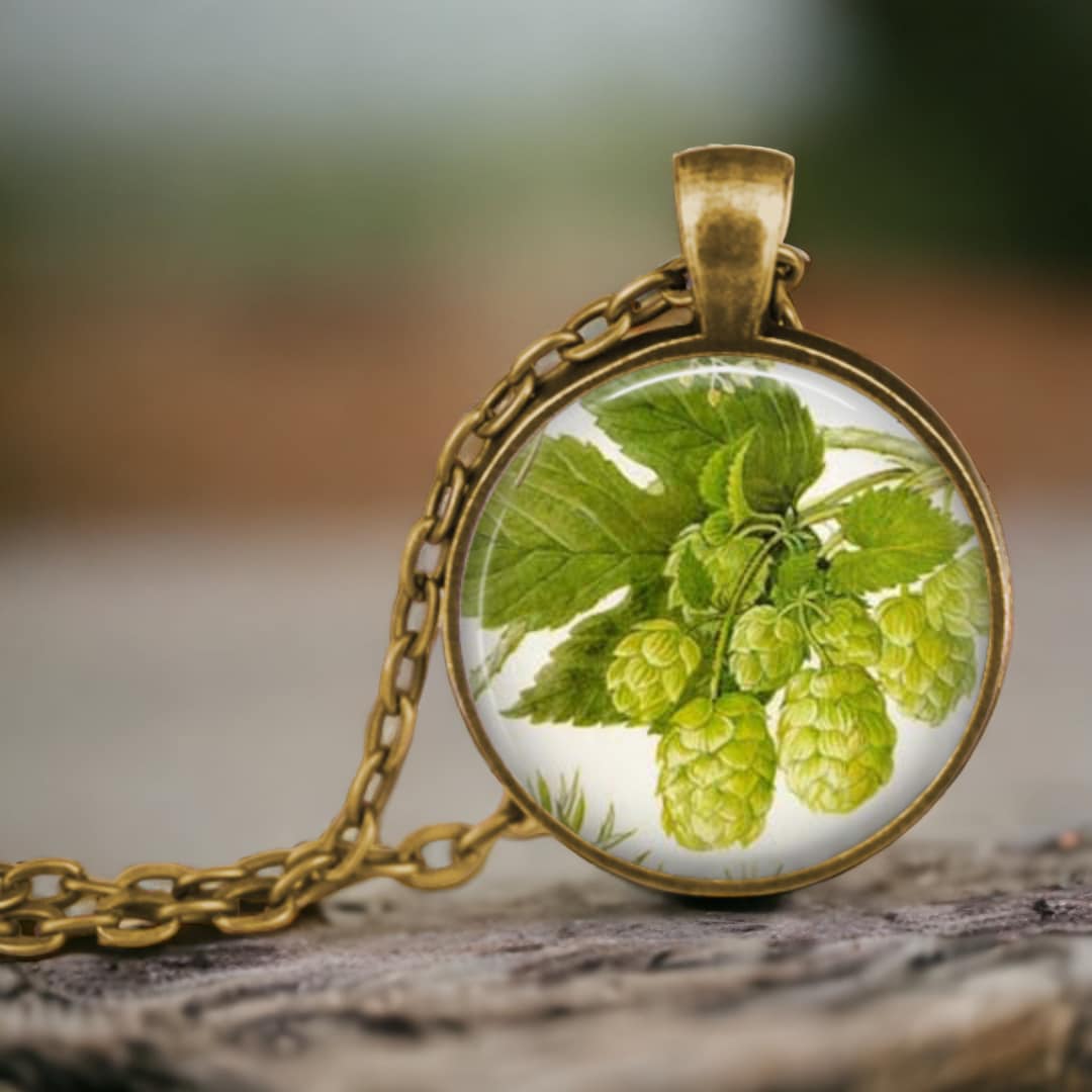 BEER HOPS Necklace Vintage Watercolor Lithograph Image Pendant Necklace