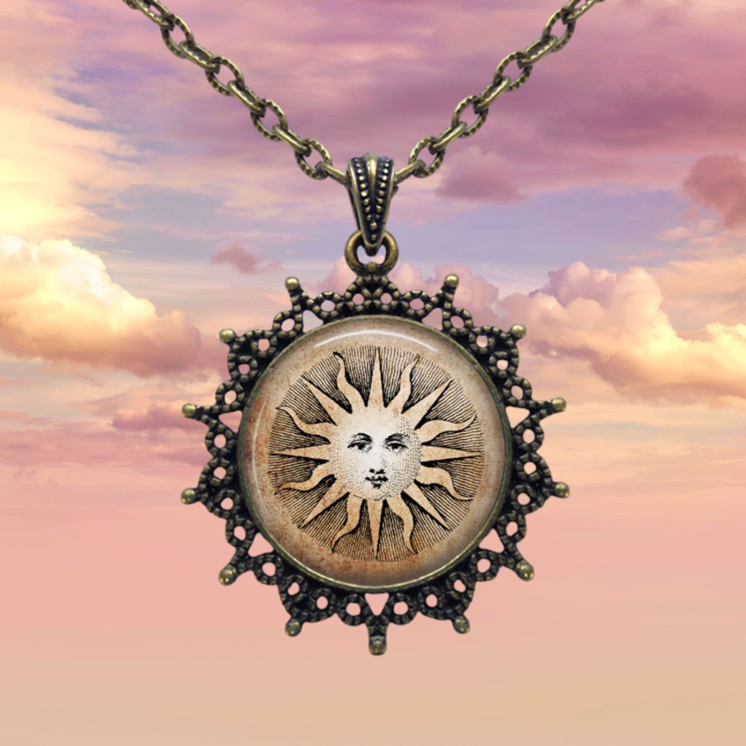 Antique Sun Face Pendant Necklace: Bronze Solar Jewelry - Etsy