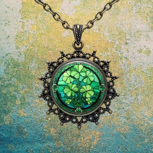 Four Leaf Clovers Stained Glass Look Pendant Necklace - St Patricks Day Gifts - Irish Lucky Jewelry - Luck of Irish - Ireland Gift - Green