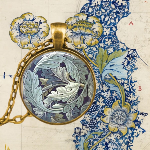 William Morris Blue Acanthus Leaves Jewelry - William Morris Pendant - Arts and Crafts Movement - Morris Jewelry - Flower Jewelry